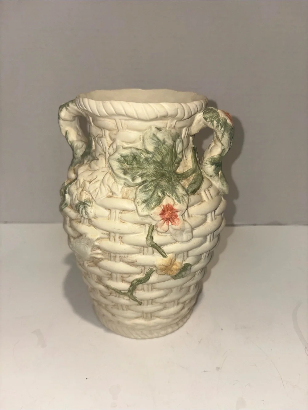 Vintage Cream Ceramic Basketweave Vase with Floral Appliqués
